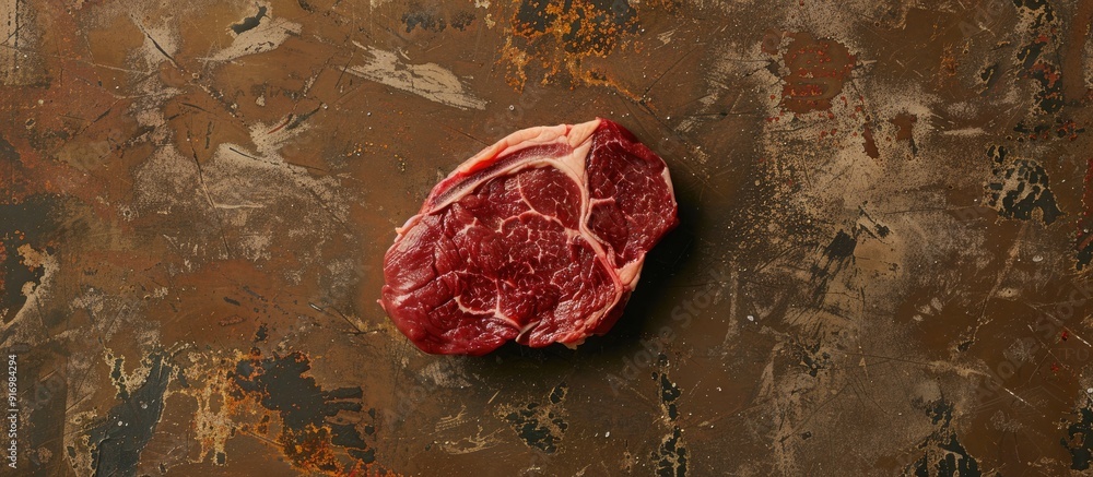 Aufkleber Top view of a raw ribeye beef steak displayed on a textured brown concrete surface in a flat lay composition with copy space image