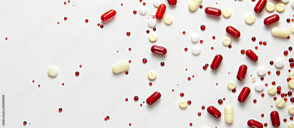 Poster Various red white and yellow pills and capsules are displayed against a white backdrop with room for additional content