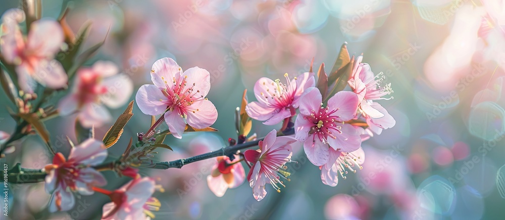 Poster peach blossoms beautifully bloom in spring creating a stunning natural background with ample copy sp