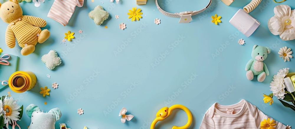 Poster Fashionable newborn items and accessories displayed on a bright backdrop to create a baby shower themed composition in a flat lay view with copy space image