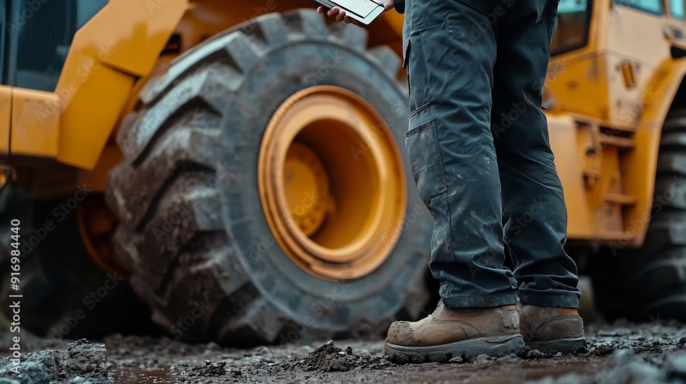 Poster A civil engineer logging data with ipad standing beside industrial grader wheels at road construction site : Generative AI