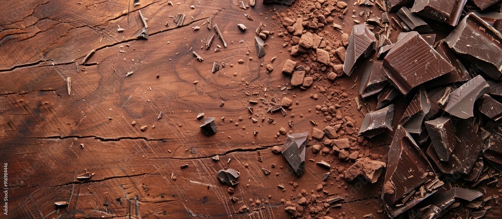 Aufkleber An image of shattered chocolate bits and cocoa powder on a wooden surface seen from above with a blank area for additional content in the frame