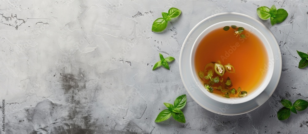 Poster a healthy food moment captured from above with a bowl of broth on a gray background providing ample 