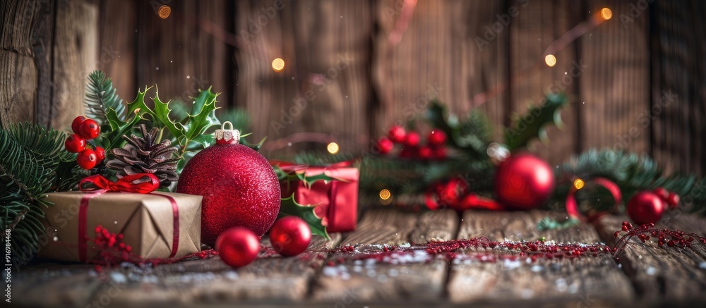 Poster A festive Christmas scene featuring a vibrant red ornament holly branches and gifts on a rustic wooden backdrop Ideal for a greeting card with room for text Copy space image