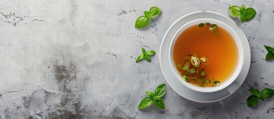 A healthy food moment captured from above with a bowl of broth on a gray background providing ample copy space in a panoramic banner image