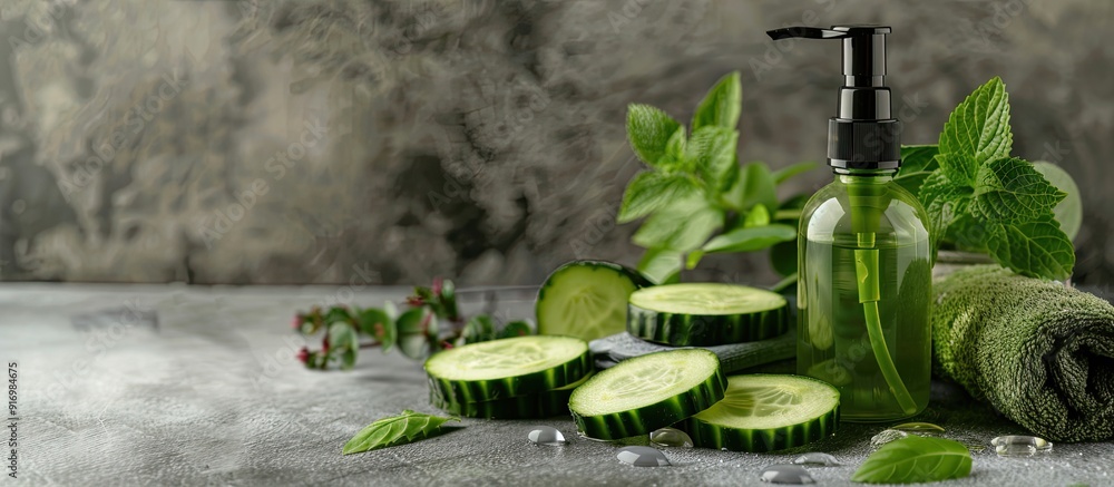 Aufkleber Spa treatments using cucumber soap a bottle of cucumber extract and cucumber slices displayed in a copy space image for body care products