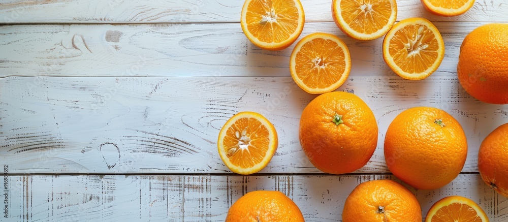 Aufkleber a flat lay copy space image of oranges displayed on a white wooden surface from a top view