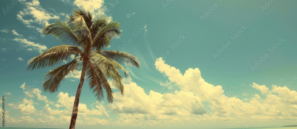 Aufkleber tropical beach scene with a palm tree against a blue sky and white clouds creating a vintage style c