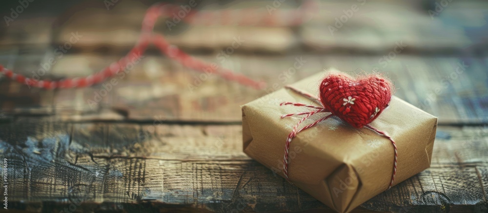 Poster vintage toned valentine s day themed toy heart and gift box displayed on a rustic wooden table with 