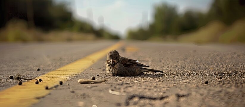 A lifeless bird lies on the road providing a stark image with ample copy space around it