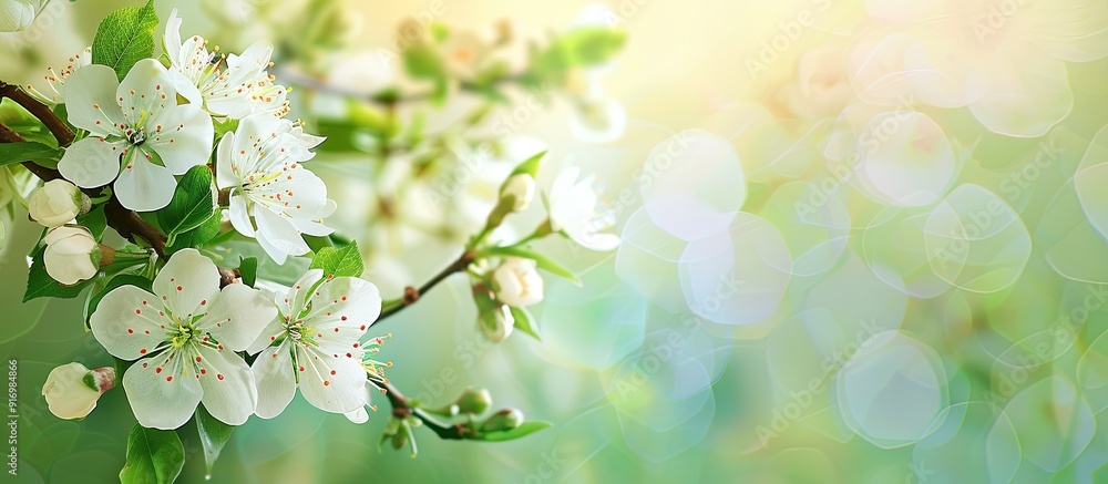 Poster springtime branch with white blooming fruit tree flowers providing a copy space image