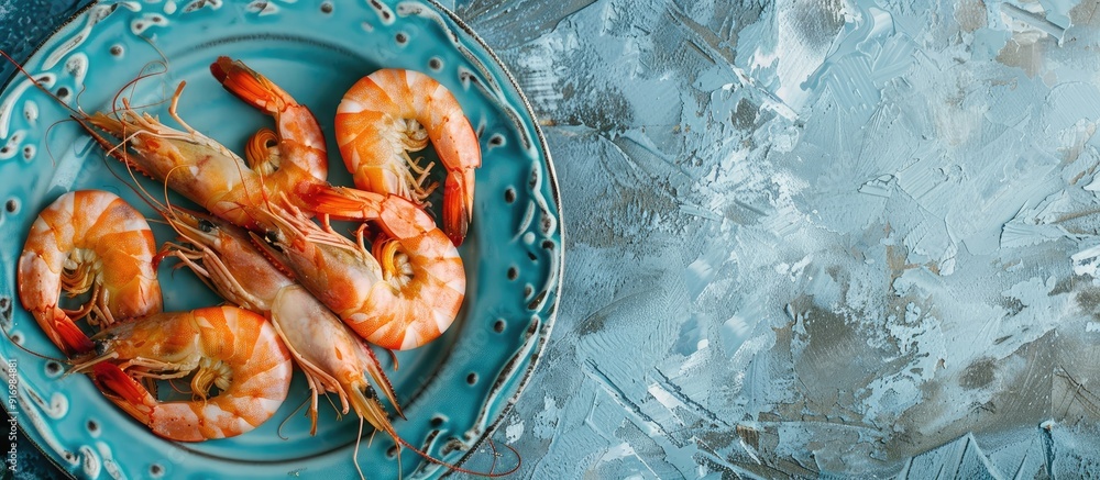 Aufkleber freshly cooked shrimps on an antique plate on a light blue background with space for adding text or 