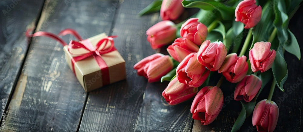 Poster tulips and a gift box displayed on a wooden table with copy space image