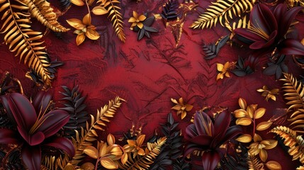 Majestic 3D Abstract Scene Featuring Burgundy Lilies and Golden Ferns on a Textured Vintage Crimson Red Background