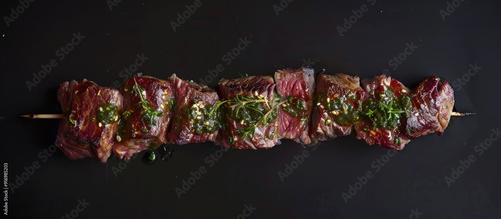 Poster top view of a raw dry aged wagyu picanha barbecue skewer made from cap rump beef seasoned with herbs