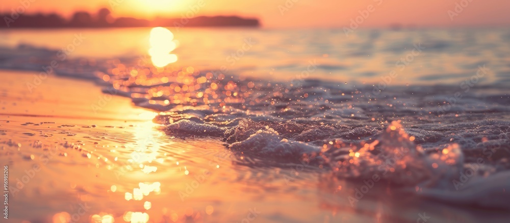 Aufkleber sunset on a tropical beach with soft waves and blurred sunlight in the background ideal for a busine