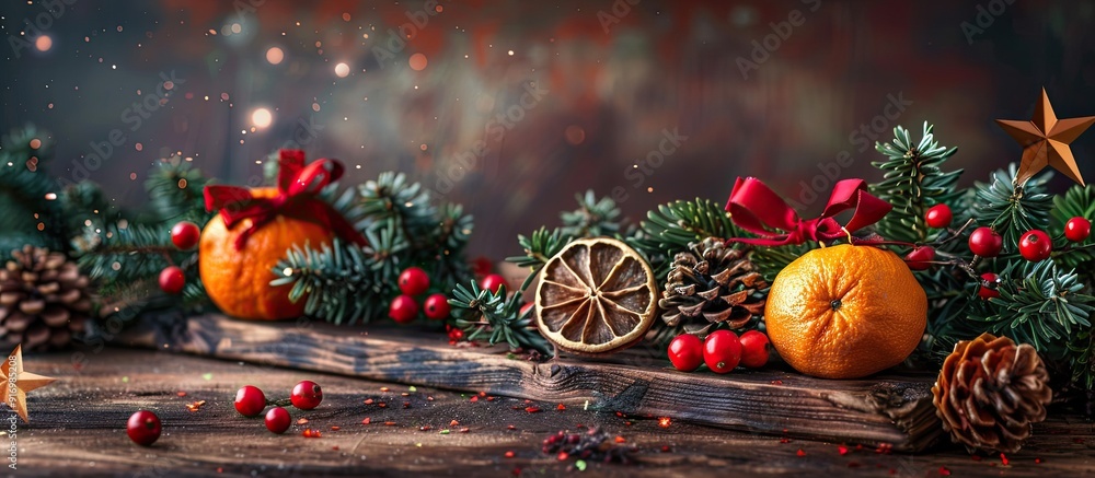 Poster festive christmas scene with green tinsel dried oranges red berries pine cone gift with a red bow st