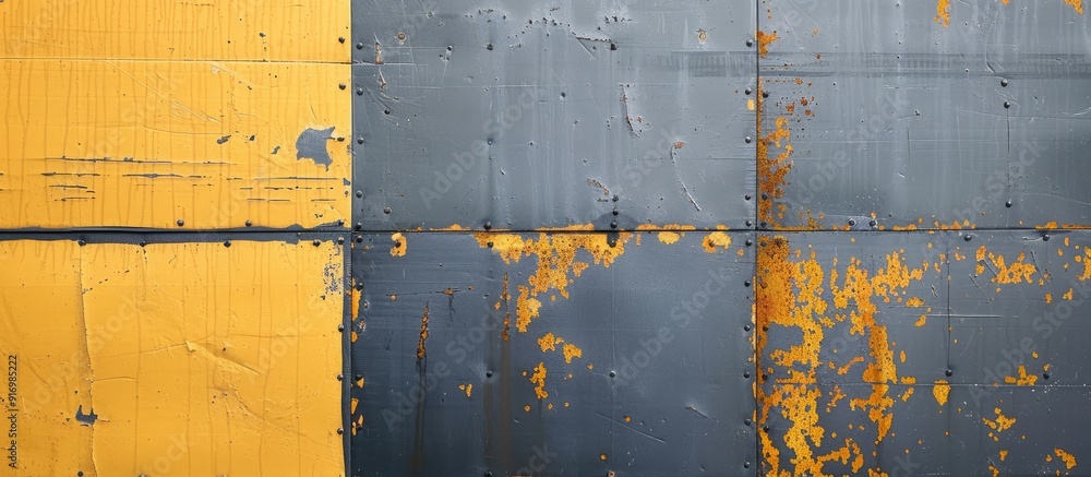 Poster grey and yellow painted metal plate with a random rectangle pattern background perfect for a copy sp
