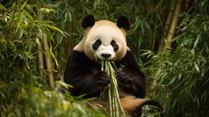 Obraz premium Giant panda sitting among bamboo stalks, peacefully eating, surrounded by lush greenery, soft natural lighting