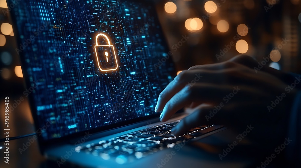 Fototapete Cyber security network Data protection concept Businessman using laptop computer with digital padlock on internet technology networking with cloud computing and data management cyberse : Generative AI