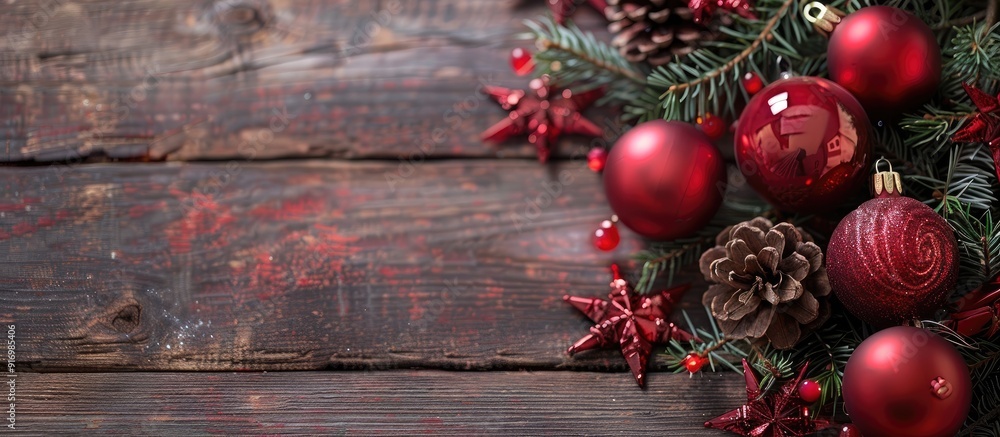 Poster festive christmas tree decorations set against a rustic wooden backdrop with copy space image