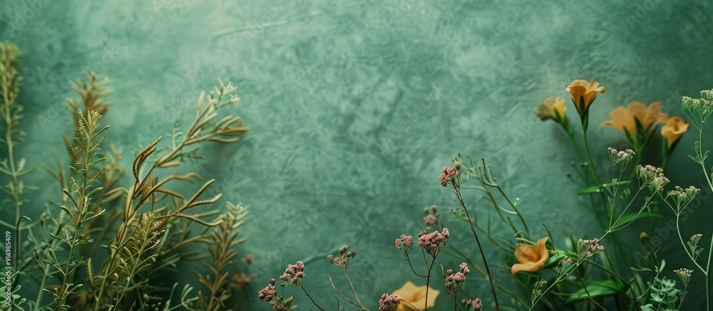 Leinwandbilder wild plants against a backdrop of green paper with empty space for placement of images. creative ban