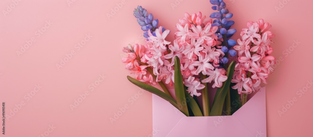 Leinwandbilder mockup of a greeting card featuring a spring hyacinth bouquet with an envelope set against a pretty 
