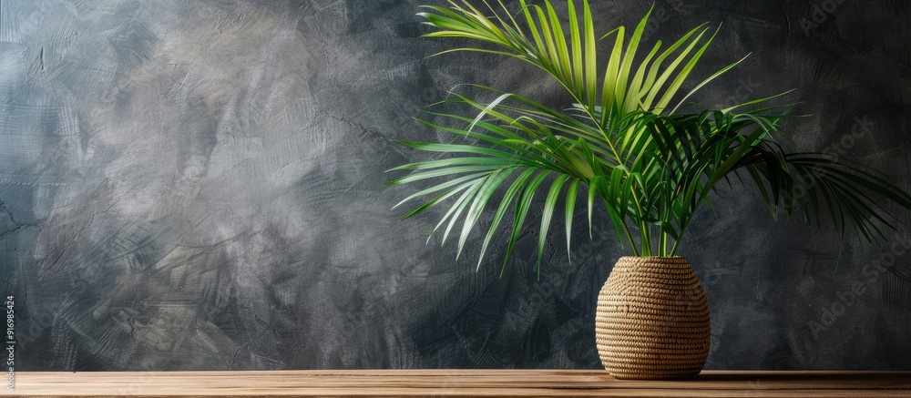 Poster tropical date palm leaf displayed in a vase on a table with available copy space image
