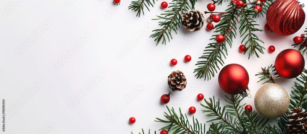 Aufkleber festive holiday composition with christmas decorations on a white background perfect for greeting ca