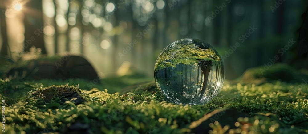 Poster A tiny glass globe placed in a serene forest setting providing an alluring copy space image