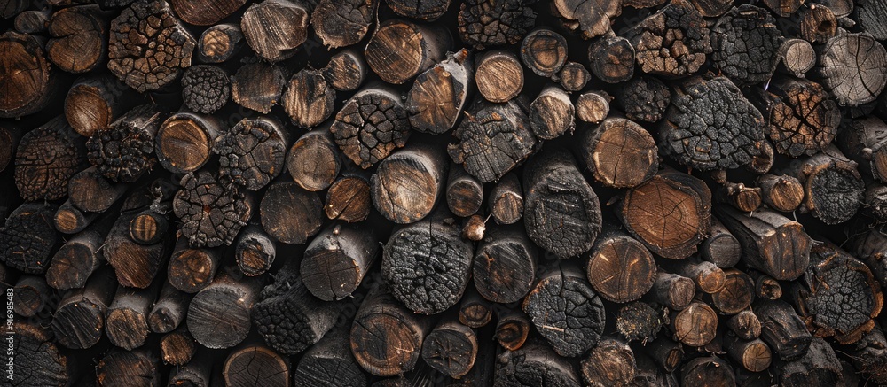 Aufkleber Background of long timber stack in a woodpile for a charcoal factory with copy space image