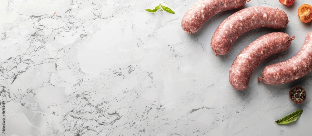 Poster copy space image of raw sausages on a grey marble surface