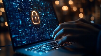 Cyber security network Data protection concept Businessman using laptop computer with digital padlock on internet technology networking with cloud computing and data management cyberse : Generative AI