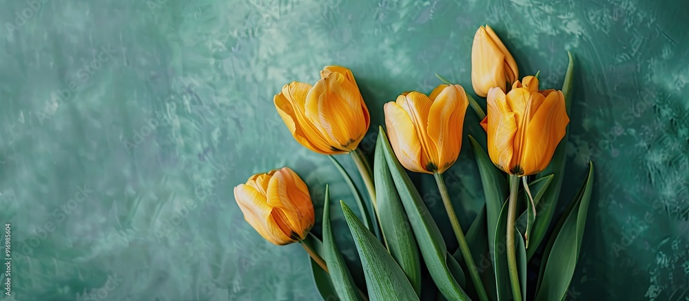 Poster top view stock photo of a bouquet of beautiful yellow tulips on a green background with copy space i