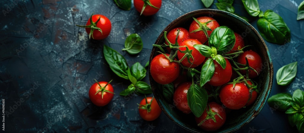 Aufkleber an overhead view of a bowl filled with organic tomatoes leaves and basil creating a picturesque copy