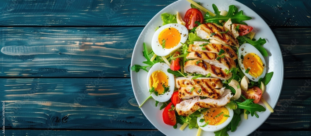 Poster top down view of a traditional caesar salad with grilled chicken and a sliced egg arranged on a whit