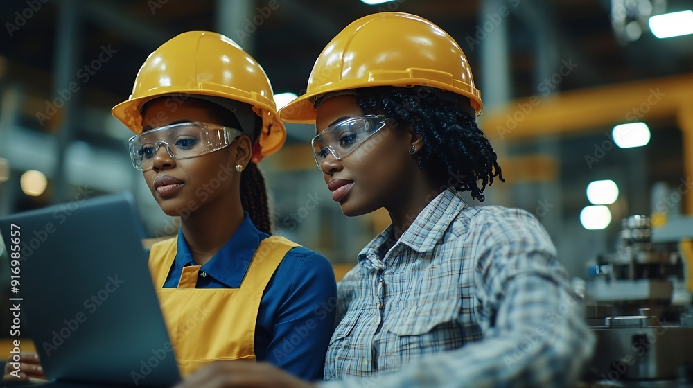 Poster two female heavy industry employees in hard hats at factory discussing job assignments at industrial