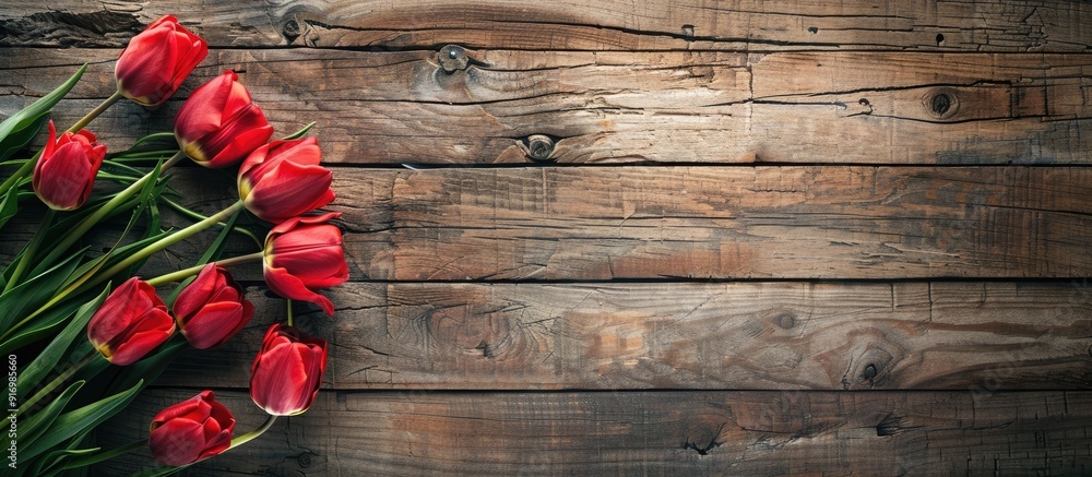 Poster Red tulips resting on a vintage wooden surface provide a lovely composition in a rustic setting perfect for a copy space image