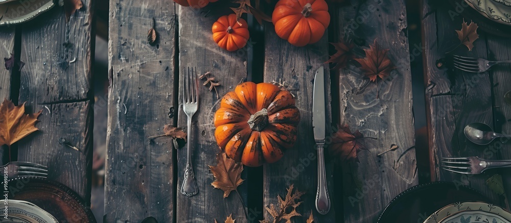 Poster Top down view of a rustic table setting for Thanksgiving or Halloween featuring a mini pumpkin cutlery and ample copy space image
