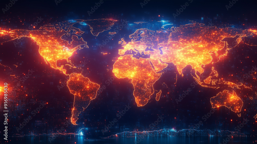 Poster global interconnectivity: a fiery world map, illuminated with vibrant orange and blue, symbolizes th