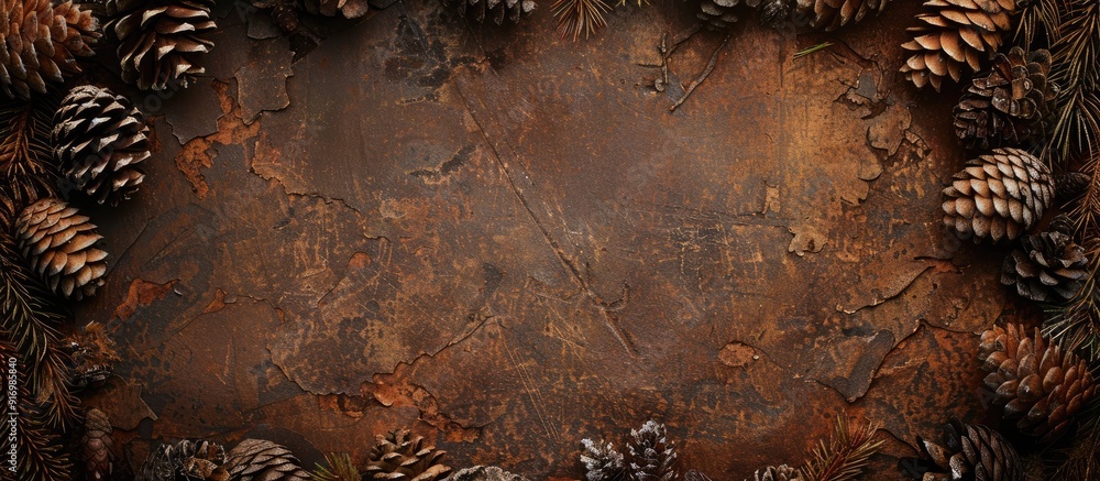 Aufkleber Rustic brown backdrop adorned with pine cones and a designated area for text or images known as copy space image