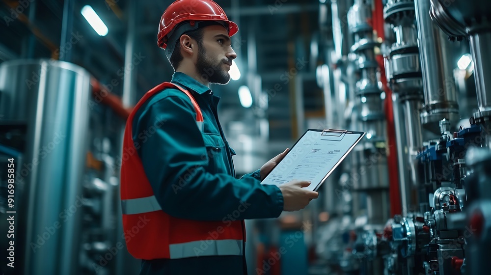 Aufkleber Professional Engineering of modern factory checking  to automatic machinery Engineering with clipboard Programmable Logic Controller to manage large machine working full automatic : Generative AI
