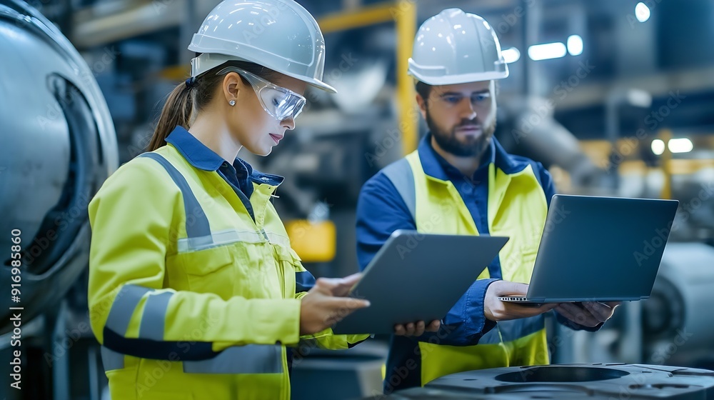 Poster factory engineer manager with assistant using laptop to conduct inspection of steel industrial machi