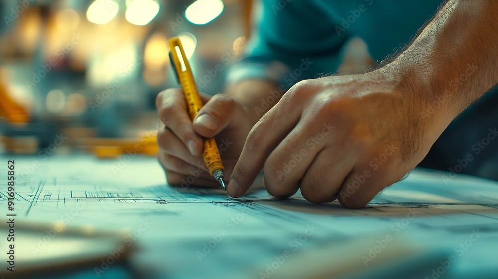Poster engineers work on construction drawings and safety systemsbuilding construction puts safety first : 