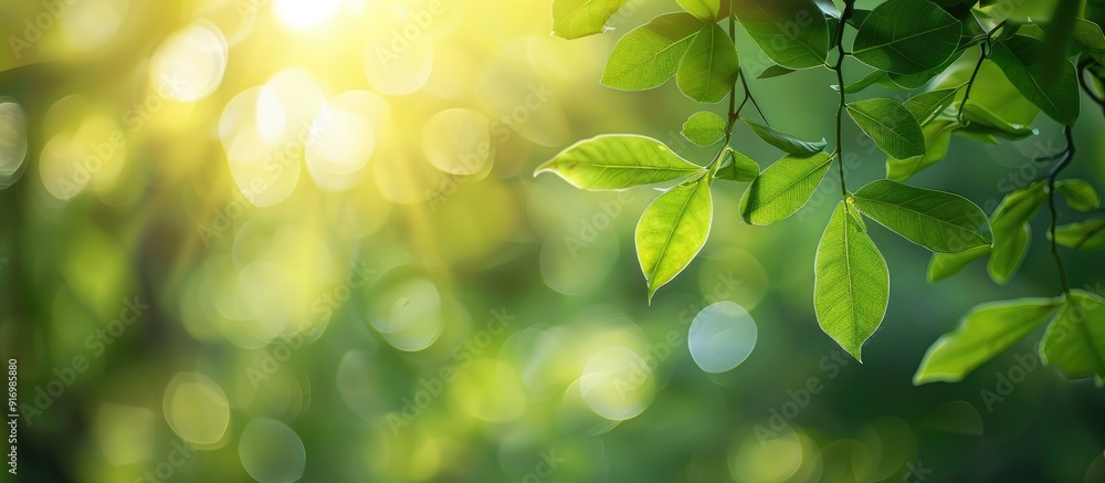 Poster Nature s green leafy branch in a forest setting with blurred background of greenery Ideal for nature themes with room for text like a banner or copy space image