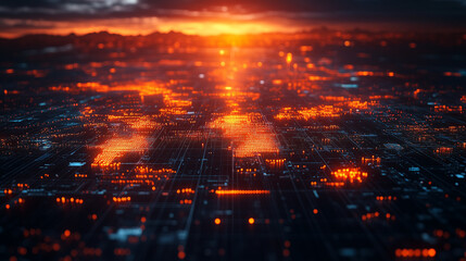 Digital Dawn: A mesmerizing digital art of a futuristic city skyline bathed in the warm glow of a rising sun. The scene evokes a sense of wonder and possibility, capturing the beauty and power of tech