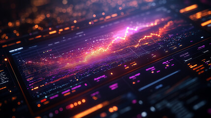 Obraz premium Neon Ascent: A futuristic stock market interface displays a vibrant, upward-trending graph, symbolizing financial growth and success in a high-tech setting. 