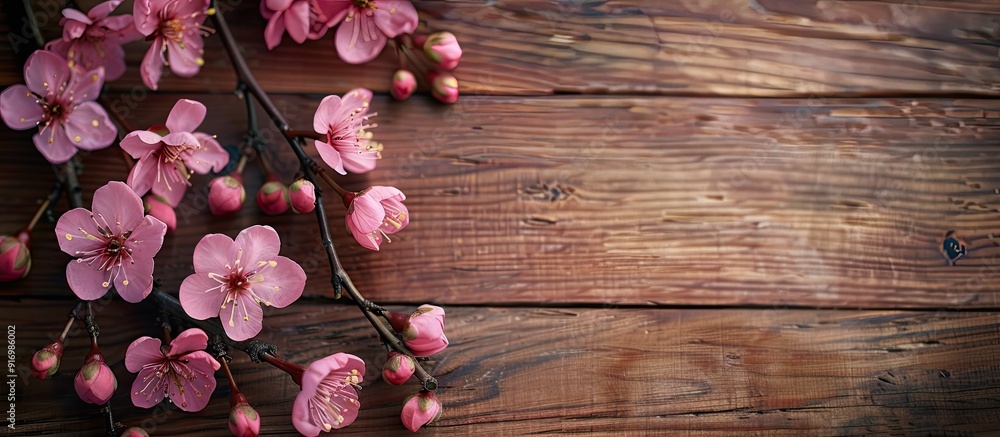 Poster Pink flowers in bloom on twig branches against a wooden backdrop with empty space for text or design. Creative banner. Copyspace image