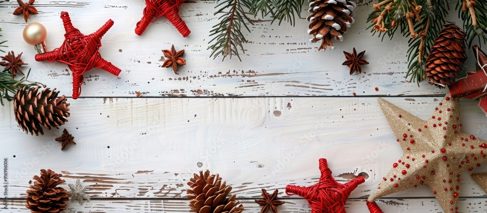 Leinwandbilder A festive Christmas scene featuring red rattan stars cones and a white wooden backdrop Ideal for a greeting card with a top down view and space for text or images. Creative banner. Copyspace image