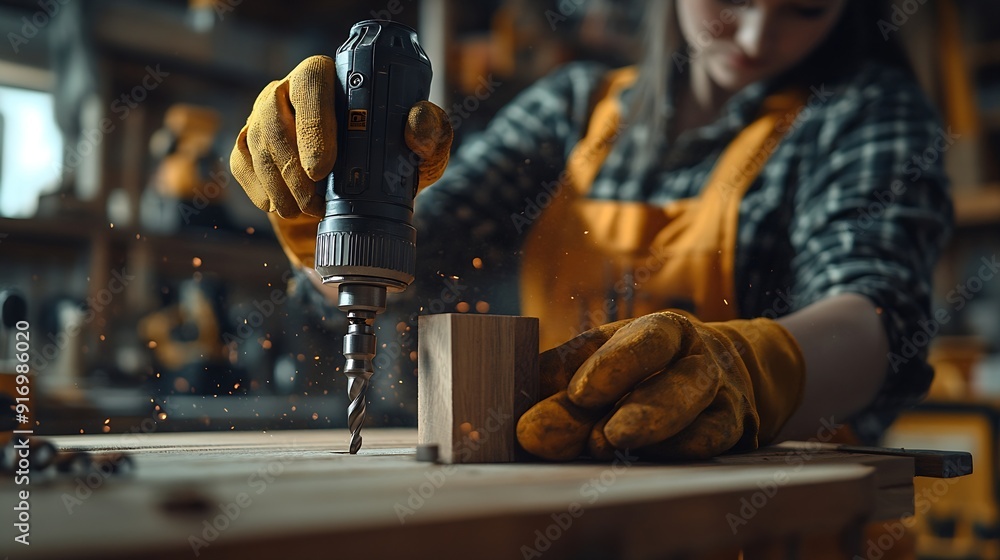 Poster female carpenter drilling hole into timber block working in her workshop woman doing furniture assem